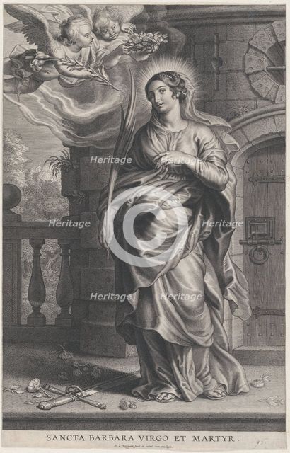 Saint Barbara holding palm leaves with a sword and flowers at her feet, two putti o..., ca. 1625-59. Creator: Boetius Adams Bolswert.