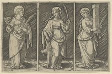 Saint Barbara (left), Saint Catherine, (center), Saint Lucy (right), ca. 1500-1527., ca. 1500-1527. Creator: Marcantonio Raimondi
