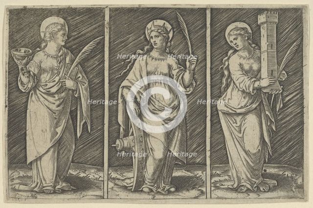 Saint Barbara (left), Saint Catherine, (center), Saint Lucy (right), ca. 1500-1527., ca. 1500-1527. Creator: Marcantonio Raimondi.