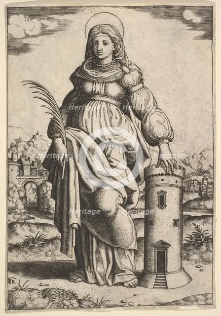Saint Barbara standing, palm in her right hand, resting her left hand on a tower, 1530-60. Creator: Master of the Die.