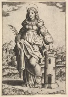 Saint Barbara standing, palm in her right hand, resting her left hand on a tower, 1530-60. Creator: Master of the Die