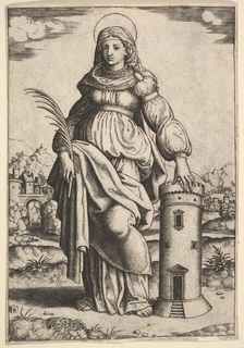 Saint Barbara standing, palm in her right hand, resting her left hand on a tower, 1530-60. Creator: Master of the Die