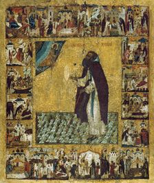Saint Barlaam of Khutyn with Scenes from His Life, 1560s. Creator: Russian icon