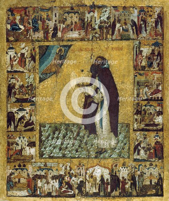 Saint Barlaam of Khutyn with Scenes from His Life, 1560s.  Creator: Russian icon.