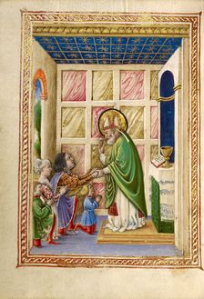Saint Bellinus Celebrating Mass; Gualenghi-d'Este Hours, about 1469. Creator: Taddeo Crivelli