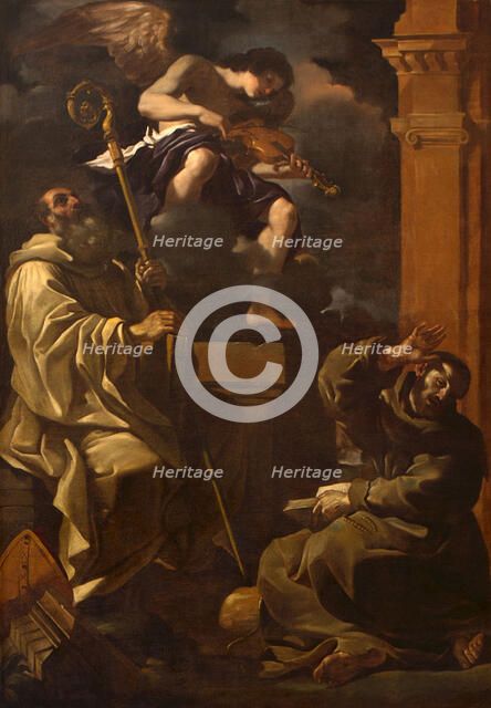 Saint Benedict and Saint Francis Listening to a Musician Angel. Creator: Guercino (1591-1666).