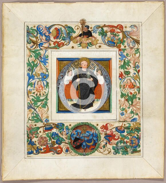 Saint Benedict, initial ‘O’, with border fragments from a Missal, 1491. Creator: Jakob Elsner.