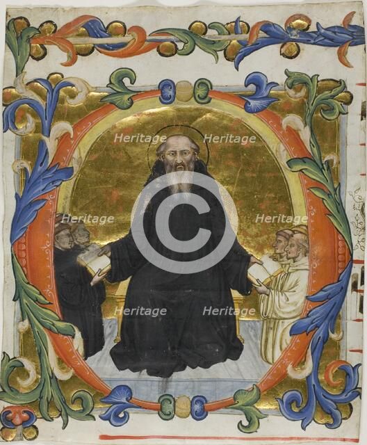 Saint Benedict Presenting his Rule to Benedictine and Cistercian Monks in a Historiated..., 1394/95. Creator: Martino di Bartolomeo di Biagio.