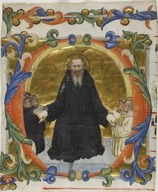 Saint Benedict Presenting his Rule to Benedictine and Cistercian Monks in a Historiated..., 1394/95. Creator: Martino di Bartolomeo di Biagio