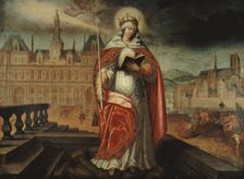 Saint Geneviève, patron of Paris, in front of the Hôtel de Ville; on the right..., around 1620. Creator: Unknown
