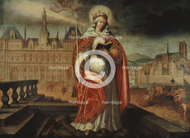 Saint Geneviève, patron of Paris, in front of the Hôtel de Ville; on the right..., around 1620.  Creator: Unknown.