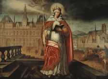 Saint Geneviève, patron of Paris, in front of the Hôtel de Ville; on the right..., around 1620. Creator: Unknown