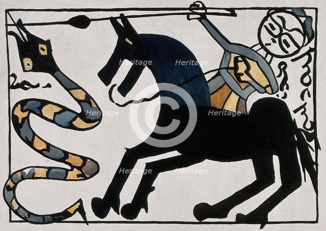Saint George on horseback killing the dragon with his lance. Creator: Unknown.