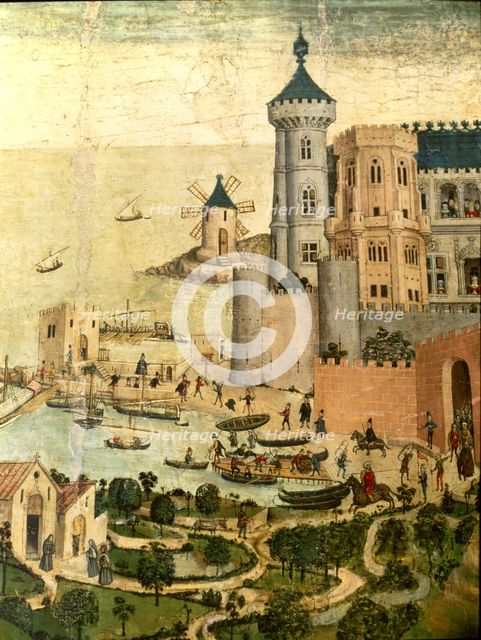 Saint George Altarpiece. Detail of the city of Mallorca port, with the towers of the Almudaina, d…