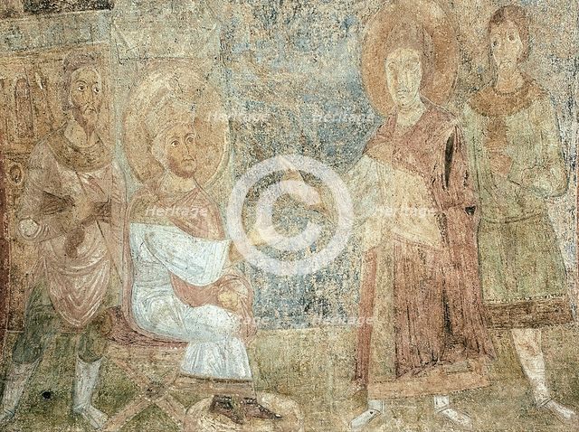 Saint George before the Emperor Diokletian. Artist: Ancient Russian frescos  