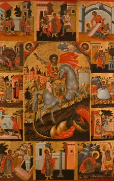 Saint George slaying the dragon and scenes from his life, between 1700 and 1750. Creator: Cretan School