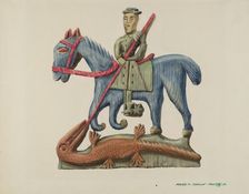 Saint George & the Dragon, Carved Out of Section of Plank - Painted, c. 1938. Creator: Majel G. Claflin