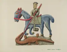 Saint George & the Dragon, Carved Out of Section of Plank - Painted, c. 1938. Creator: Majel G. Claflin
