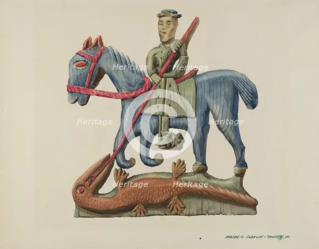 Saint George & the Dragon, Carved Out of Section of Plank - Painted, c. 1938. Creator: Majel G. Claflin.
