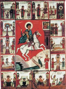 Saint George with Scenes from His Life, 14th century. Creator: Russian icon