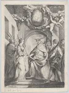 Saint Gregory surrounded by other saints, in front of an archway with putti holding..., ca. 1711-54. Creator: Jacob de Wit