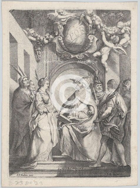 Saint Gregory surrounded by other saints, in front of an archway with putti holding..., ca. 1711-54. Creator: Jacob de Wit.