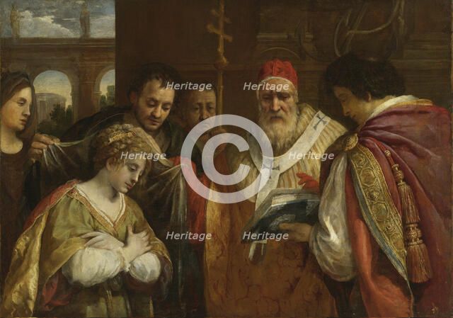 Saint Domitilla receiving the veil from Pope Clement I. Artist: Cortona, Pietro da (1596-1669)