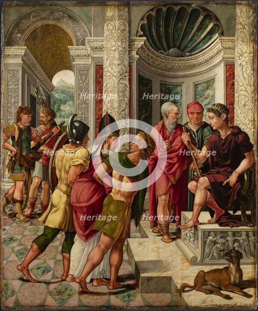 Saint Dionysius brought to the prefect Fescennius. Altarpiece of the church of... c1533. Creator: Lambert Lombard.