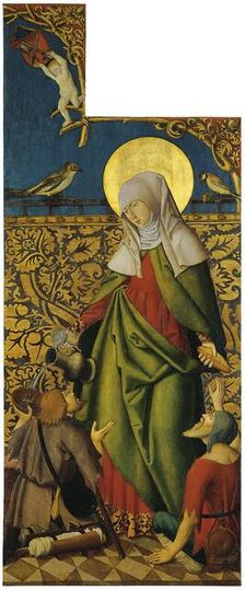 Saint Elisabeth offering bread and Wine to two Beggars (Exterior right wing), 1515. Creator: Anon