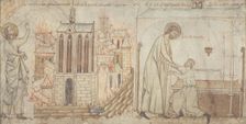 Saint Éloi saves Saint-Martial church on the Île de la Cité from a fire. Saint Eloi cures..., c1250. Creator: Unknown