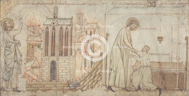 Saint Éloi saves Saint-Martial church on the Île de la Cité from a fire. Saint Eloi cures..., c1250. Creator: Unknown.