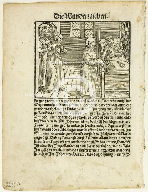 Saint Francis Heals the Grievous Wounds of One John at Lerida, plate two from Woodcuts...1937. Creator: Hieronymus Höltzel.