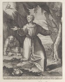 Saint Francis kneeling with his arms outstretched, looking towards a cherub at upper left,..., 1599. Creator: Raphael Sadeler