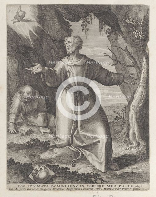 Saint Francis kneeling with his arms outstretched, looking towards a cherub at upper left,..., 1599. Creator: Raphael Sadeler.