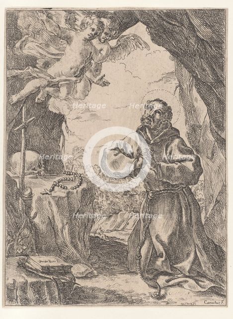 Saint Francis of Assisi, kneeling before a crucifix with two angels at upper left, 1643-44. Creator: Domenico Maria Canuti.