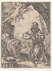 Saint Francis of Assisi, kneeling before a crucifix with two angels at upper left, 1643-44. Creator: Domenico Maria Canuti