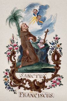 Saint Francis of Assisi, kneeling, receiving the stigmata. Creator: Unknown