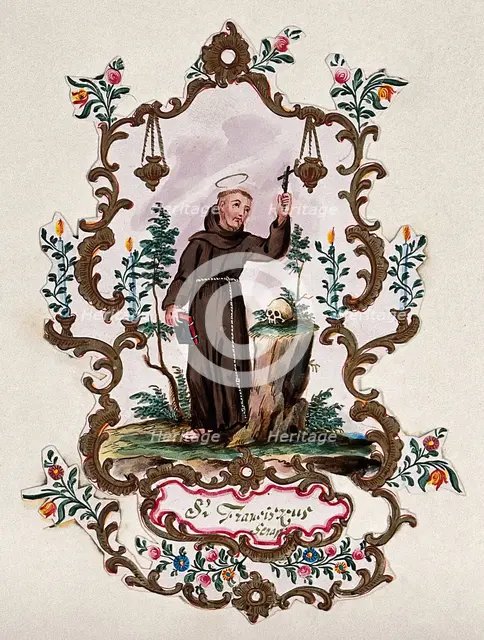 Saint Francis of Assisi, in a rococo frame, holding a Bible and a crucifix. Creator: Unknown.