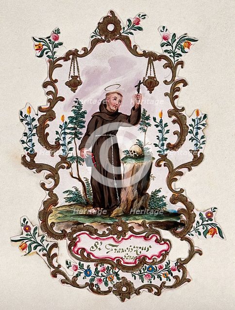 Saint Francis of Assisi, in a rococo frame, holding a Bible and a crucifix. Creator: Unknown.