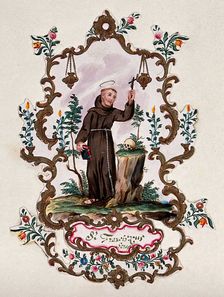Saint Francis of Assisi, in a rococo frame, holding a Bible and a crucifix. Creator: Unknown