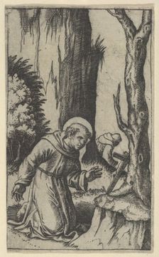 Saint Francis of Assisi praying before a crucifix, from the series Piccoli Santi..., ca. 1500-1527. Creator: Marcantonio Raimondi
