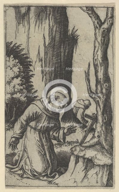 Saint Francis of Assisi praying before a crucifix, from the series 'Piccoli Santi..., ca. 1500-1527. Creator: Marcantonio Raimondi.
