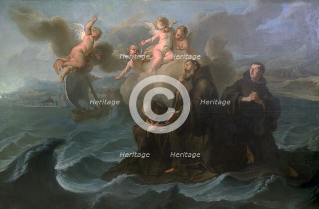 Saint Francis of Paola and his companions cross the strait to Messina on his cloak, 1723.