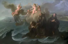Saint Francis of Paola and his companions cross the strait to Messina on his cloak, 1723