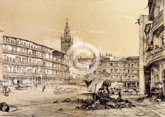 Saint Francis square, Seville, drawing, 1834.