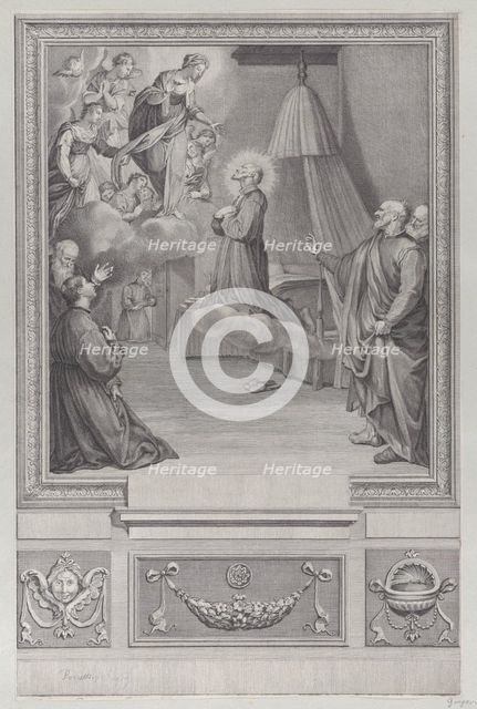 Saint kneeling before a vision of the Virgin Mary. Creator: Unknown.