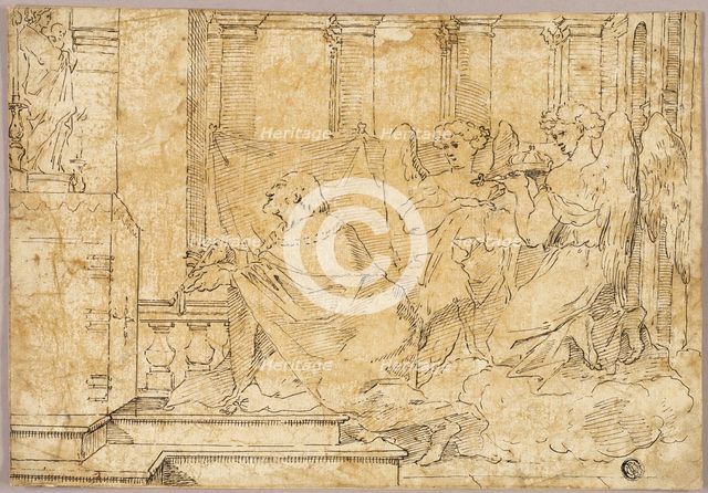 Saint Kneeling before Altar with Statue of Madonna and Child, n.d. Creator: Unknown.