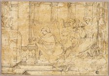 Saint Kneeling before Altar with Statue of Madonna and Child, n.d. Creator: Unknown