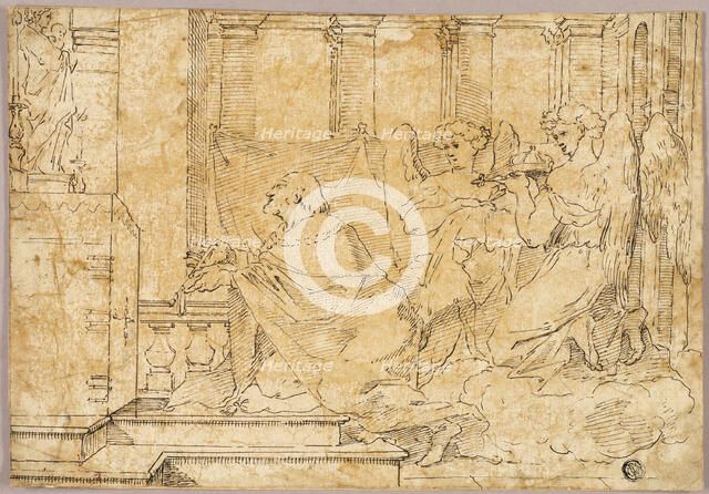 Saint Kneeling before Altar with Statue of Madonna and Child, n.d. Creator: Unknown.