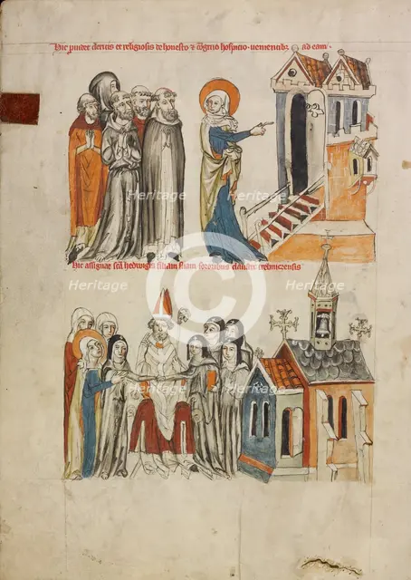 Saint Hedwig Offering Hospitality: Saint Hedwig Presenting Her Daughter Gertrude to the..., 1353. Creator: Unknown.
